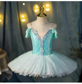 Children girls turquoise blue white sequins tutu skirt ballerina ballet dance dresses  ballet dance costumes for girls modern jazz dance outfits for toddlers 